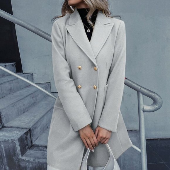 Jackets & Blazers - double breasted overcoat pea coat grey pockets long line